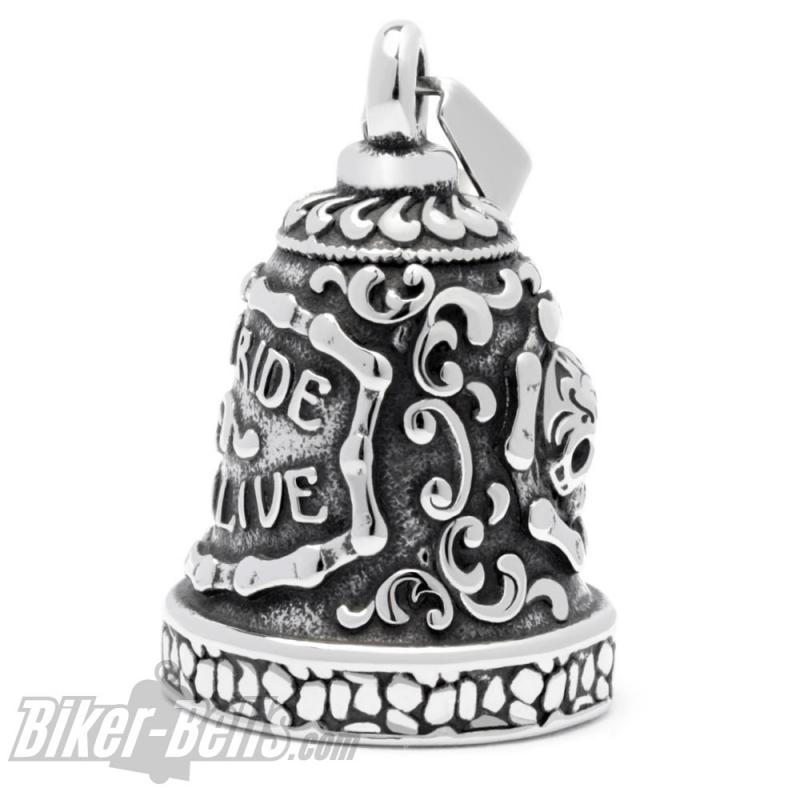 Verzierte "Ride To Live" Biker-Bell mit Totenkopf aus Edelstahl Motorrad Glocke Verzierte "Ride To Live" Biker-Bell mit Totenkopf aus Edelstahl Motorrad Glocke
